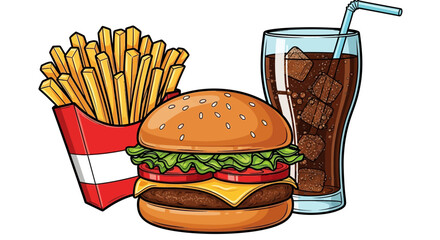 A colorful illustration of a hamburger, fries, and a soda.