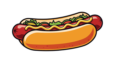 Cartoon illustration of a hot dog with mustard, lettuce, and tomato.