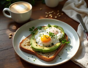 a plate with bread slice, avocado, poached egg, and parsley on top. A latte with foam beside it