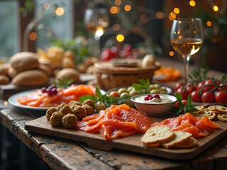Elegant Holiday Feast Featuring Smoked Salmon and Festive Table Setting
