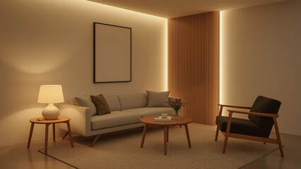 Cozy Minimalist Living Room with Warm Ambient Lighting
