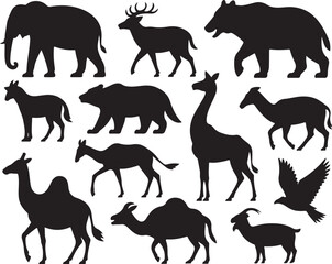 Black Animal Silhouettes Elephant Deer Bear Giraffe Camel Goat Eagle on White Background