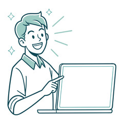 Happy young man pointing at a laptop screen with a smile