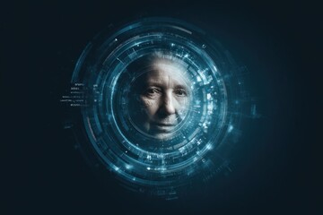 senior woman face in circle of biometric data symbolysingc iris scan