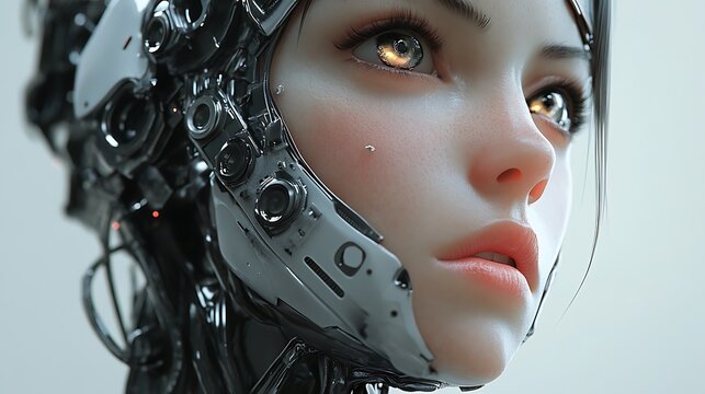 Cyborg Woman Face with Metallic Headgear Looking Upward