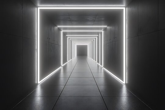 A long, dark corridor stretches into the distance, illuminated by bright, square neon lights on either side