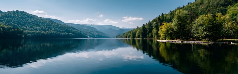Fototapeta premium Tranquil Lake with Mountains and Forest — Visual Meditation on Stillness, Inner Clarity, and Nature’s Whisper in Slow Living Aesthetics