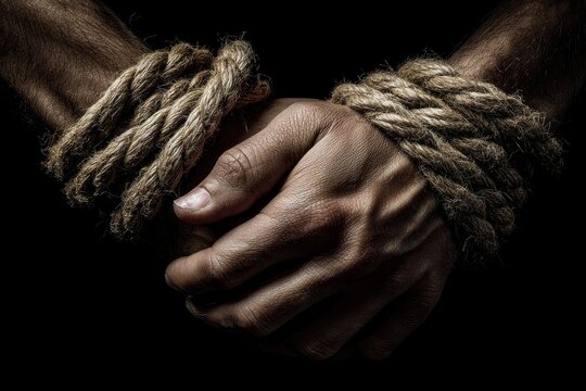 Two hands bound tightly with rough thick rope against a dark background emphasizing texture and the tension of the cords