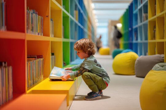 Minimalist photo of a kid selecting a book from a low shelf. Vibrant children's section with beanbags and primary colors. Modern setting with soft shadows and educational feel