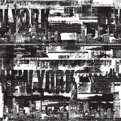 Seamless pattern with city theme with Statue of Liberty in New York with city architecture and newspaper clippings in grunge style. Wallpaper, fabric, textile, wrapping paper, t-shirt design, tile