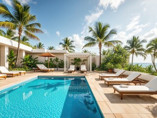 Tropical Resort Patio with Sun Loungers and Shade