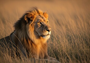 A Majestic Lion With A Golden Mane Gazing Powerfully While Resting In Tall Grass During A Warm Sunset, Power, Leadership, Wildlife King Concept
