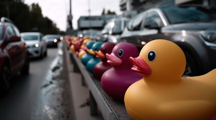 This vibrant image captures a lineup of colorful rubber ducks perched atop a traffic barrier, with urban cars in the background. The juxtaposition of playful figures against the serious context of ci