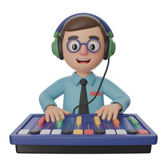 Cheerful cartoon sound engineer at mixing board isolated on a transparent background
