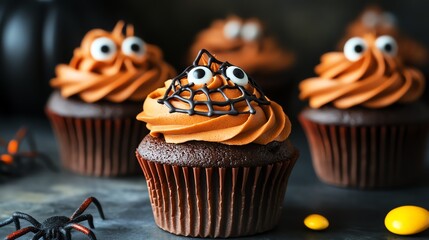 Halloween cupcakes, spider web icing, candy eyes, spooky treats, chocolate cupcakes, festive dessert, Halloween party food