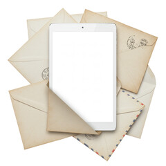 3D digital tablet on top of vintage paper envelopes symbolizing digital communication and modern stationery isolated on transparent background, png, cutout