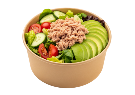 bol en carton de salade aux miettes de thon et avocat	