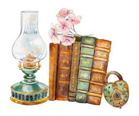 Vintage Books With Rusty Lock Pink Hydrangea And Green Kerosene Lamp Watercolor Clipart Hand Painted Antique Illustration For Retro Design Isolated On White Background Decorative Old Style Art
