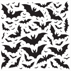Spooky Halloween Bats Pattern Black Bats on White Background Illustration