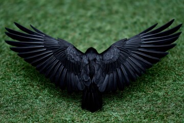 A raven lying on green grass with spread wings