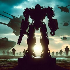 This dramatic image depicts a colossal, heavily armed robot standing prominently in the foreground against a tumultuous, cloudy sky.