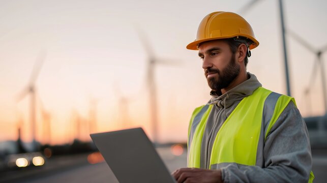 Engineer in safety gear working on a laptop near wind turbines at sunset in a renewable energy site
