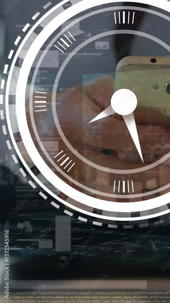 Poster animation of moving clock and data processing over caucasian businessman using smartphone