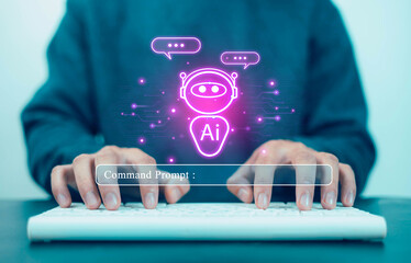 Man using laptop to chat with AI Chatbot Assistant or Artificial Intelligence Technology, Holographic Robot Application and Global Connectivity