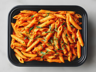 Penne arrabbiata with spicy tomato sauce in a black  plastic food container.