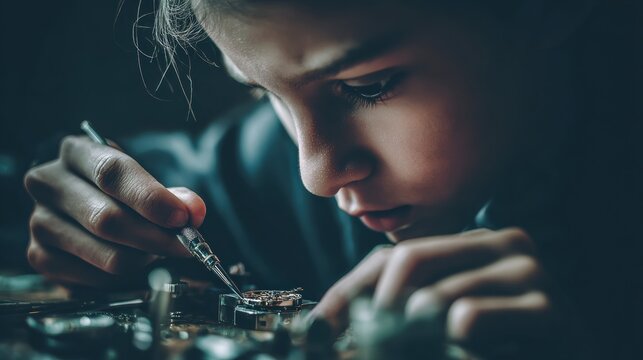 Young watchmaking apprentice learning to repair a mechanical watch