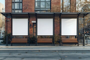 Modern Bus Stop with Blank Advertisement Panels and Wooden Bench