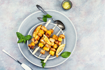 Grilled scallops with pineapple, food photography.