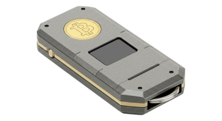Secure Bitcoin Hardware Wallet: A sleek, metallic hardware wallet, designed for secure cryptocurrency storage. Featuring an intuitive interface, it embodies the future of digital asset security.