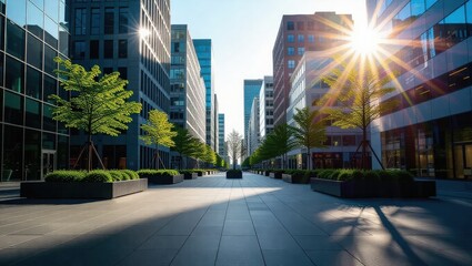 City Street with Modern Buildings and Green Trees