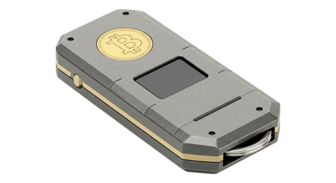 Secure Bitcoin Hardware Wallet: A sleek, metallic hardware wallet, designed for secure cryptocurrency storage. Featuring an intuitive interface, it embodies the future of digital asset security.