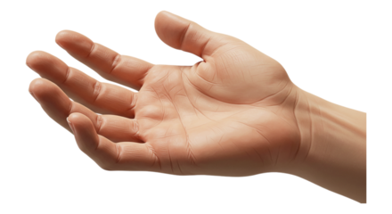 Open Hand: A close-up shot of a fair-skinned person's open hand, palm upward, suggesting giving, receiving, or asking. The hand is well-lit and detailed, set against a plain background.