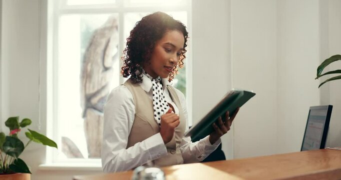 Business woman, hotel and receptionist with tablet for online booking, check in app and schedule. Hospitality industry, concierge and scroll on digital tech at front desk for reservation management