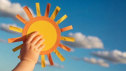 Child’s hand holding a paper sun against a blue sky, representing creativity, summer, and childhood joy.