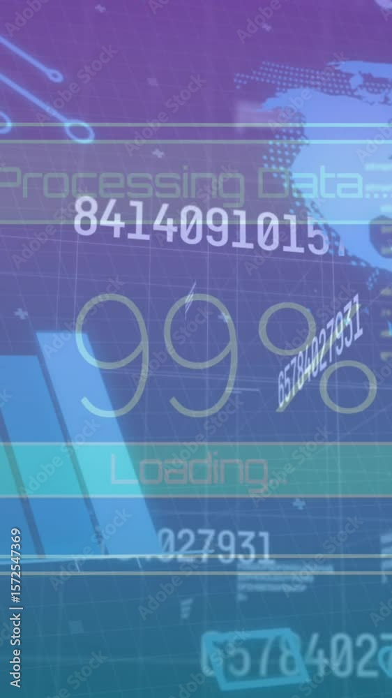 Poster animation of financial data processing with graph, globe on digital interface