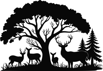 Wildlife Forest Scene – Minimalist Deer Group Under Tree Canopy in Bold Silhouette Style