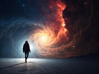 Fototapeta premium A solitary figure contemplates the vastness of a swirling cosmic nebula ablaze with vibrant colors and distant stars