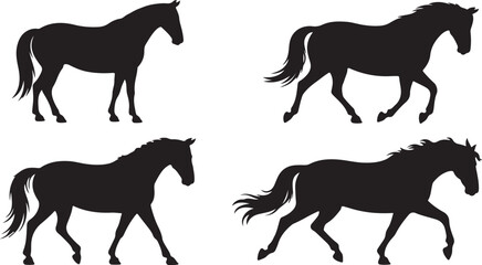 Black Horse Silhouettes in Various Poses on White Background Depicting Standing Trotting and Galloping Actions