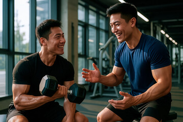 Two asian men training together in gym with free weights, friendly communication of young men, modern gym and fitness concept for maintaining health and physical fitness