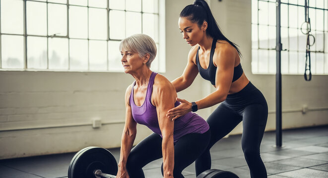 Help in training consultations in maintaining physical fitness, an elderly woman does squats with a barbell under the supervision of a personal trainer in a fitness center