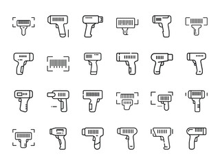 Collection of Barcode Scanner Line Icons – Minimal Vector Set of Handheld Laser Scanners and Barcode Reader Devices for Retail, Inventory, and POS Systems