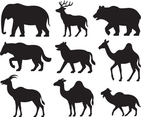 Black Silhouettes of Elephant Deer Bear Wolf Camel Antelope and Other Animals on White Background