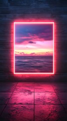 A breathtaking sunset over the ocean is framed by a vibrant pink neon light, creating a captivating and serene scene