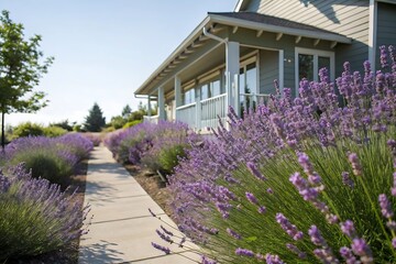 Serene Lavender Pathway Leading to a Charming Farmhouse on a Sunny Day