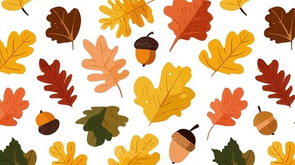 Obraz premium seamless pattern of autumn leaves, acorns, pumpkins, mushrooms, warm orange and yellow tones