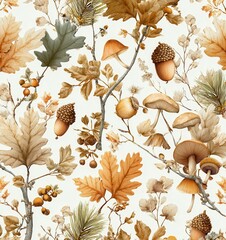 seamless pattern of autumn leaves, acorns, pumpkins, mushrooms, warm orange and yellow tones